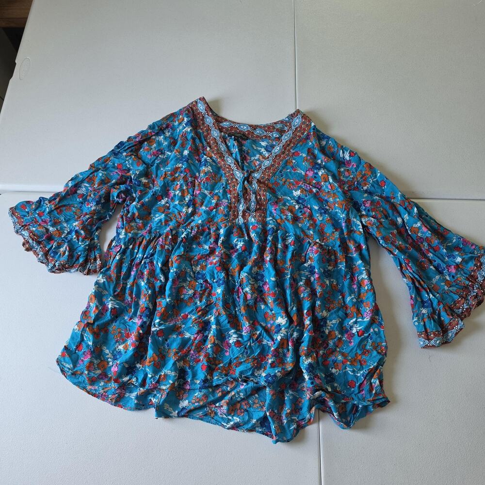 Cynthia Rowley Tunic Blouse Womens 3X Blue Floral Boho Bell Sleeve Ruffle Top
